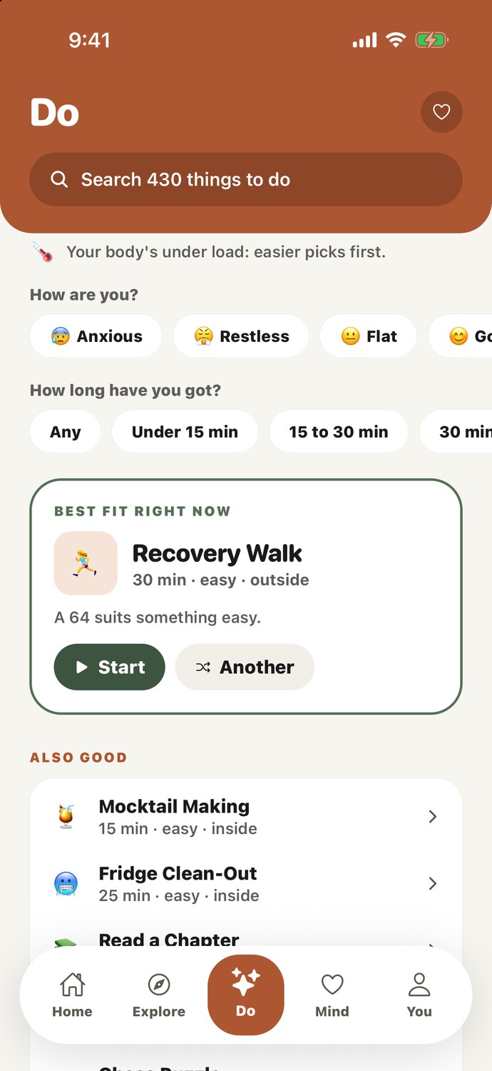 ActiveMind Do screen: activities matched to mood, time and energy