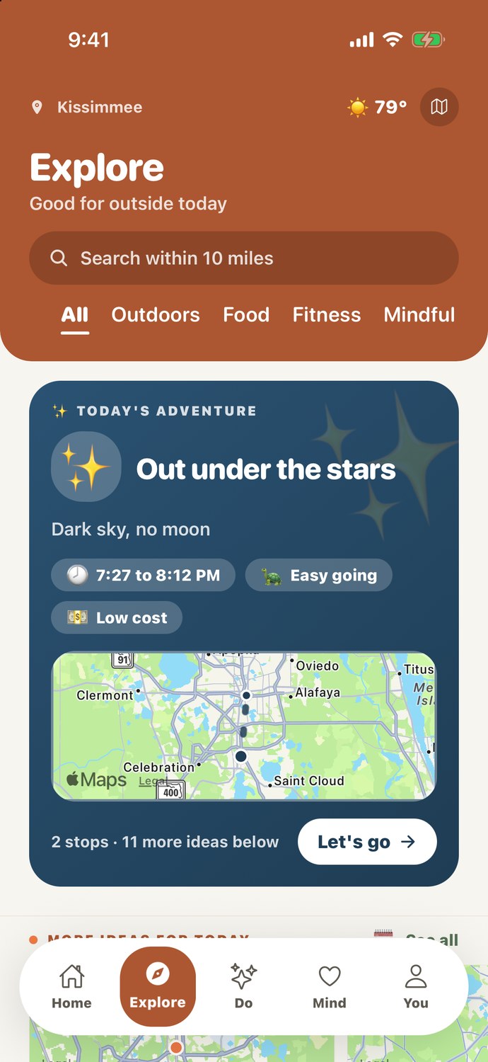ActiveMind Explore screen: today's adventure, stargazing under a dark sky, on a map nearby