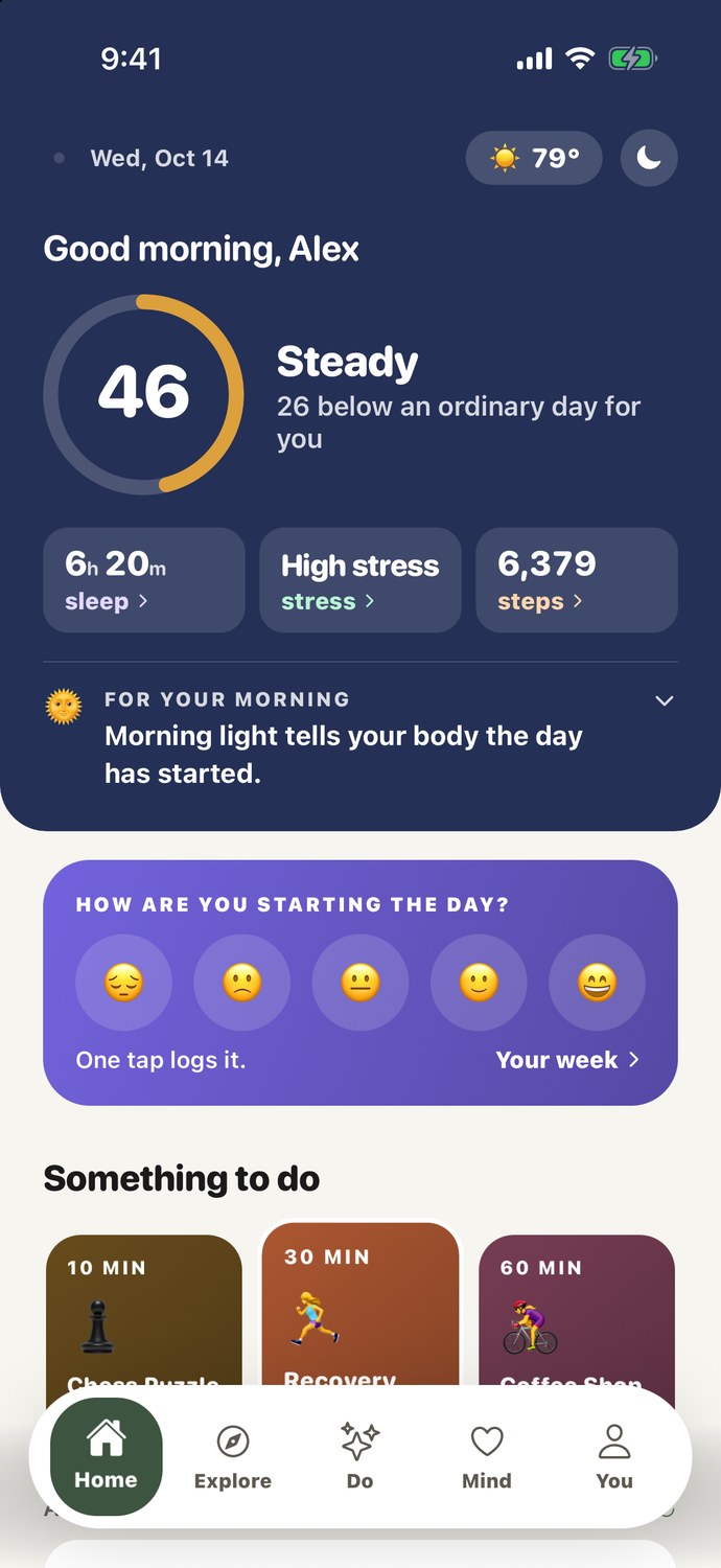 ActiveMind Home screen: a daily score with sleep, stress and steps