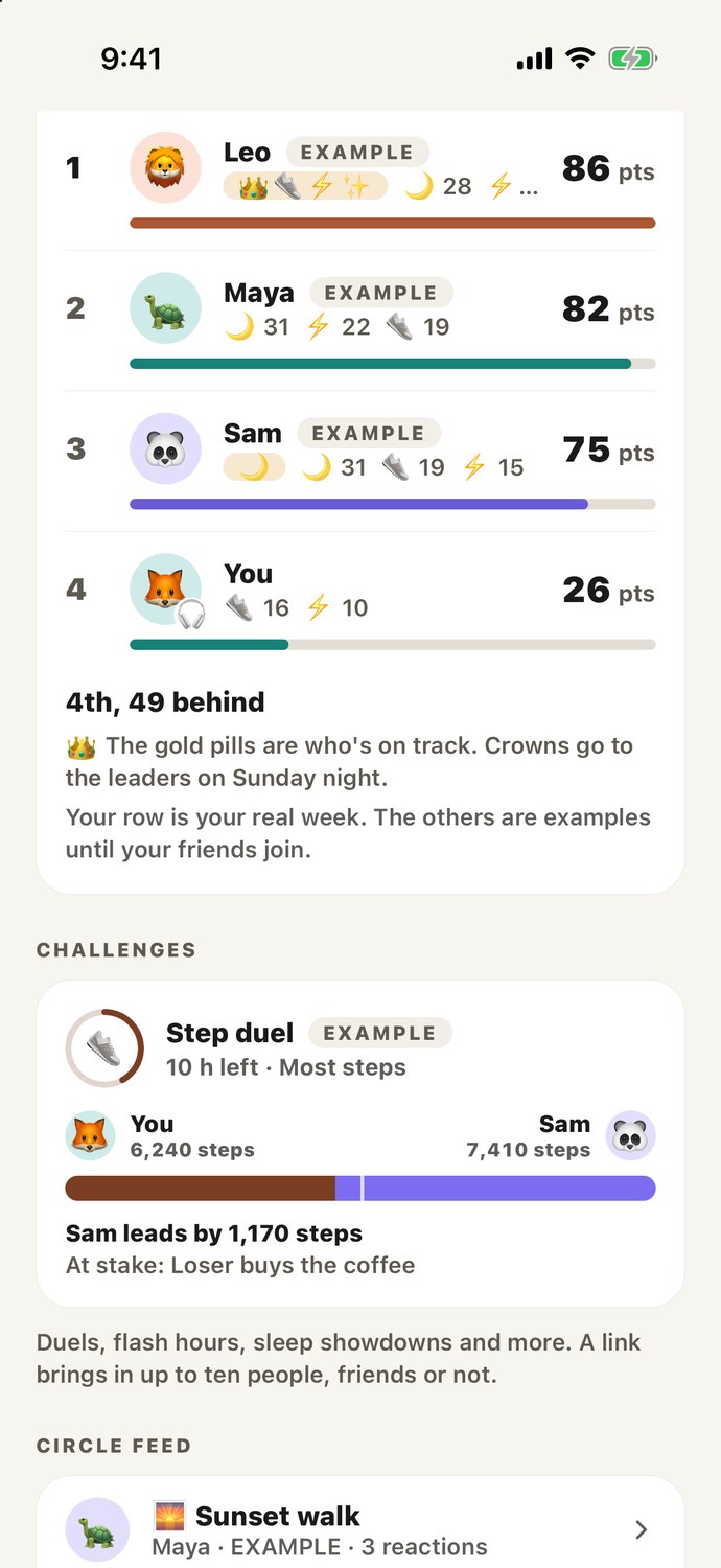 ActiveMind leaderboard: a circle's weekly points and a step duel between two friends