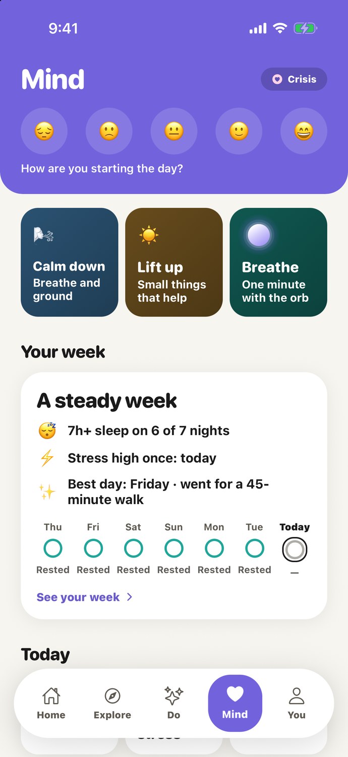 ActiveMind Mind screen: calm-down, lift-up and breathing tools, and a summary of the week