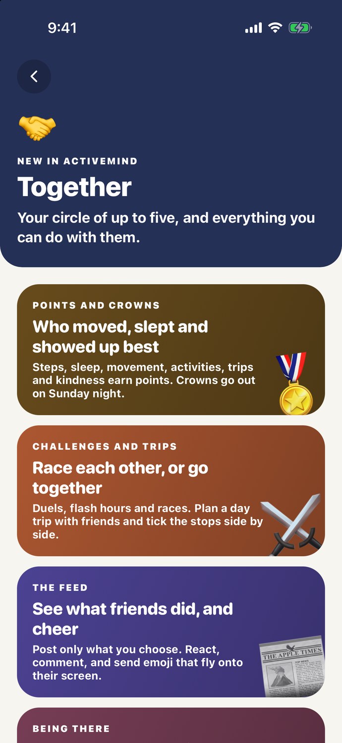 ActiveMind Together screen: points and crowns, challenges and trips, and a friends feed